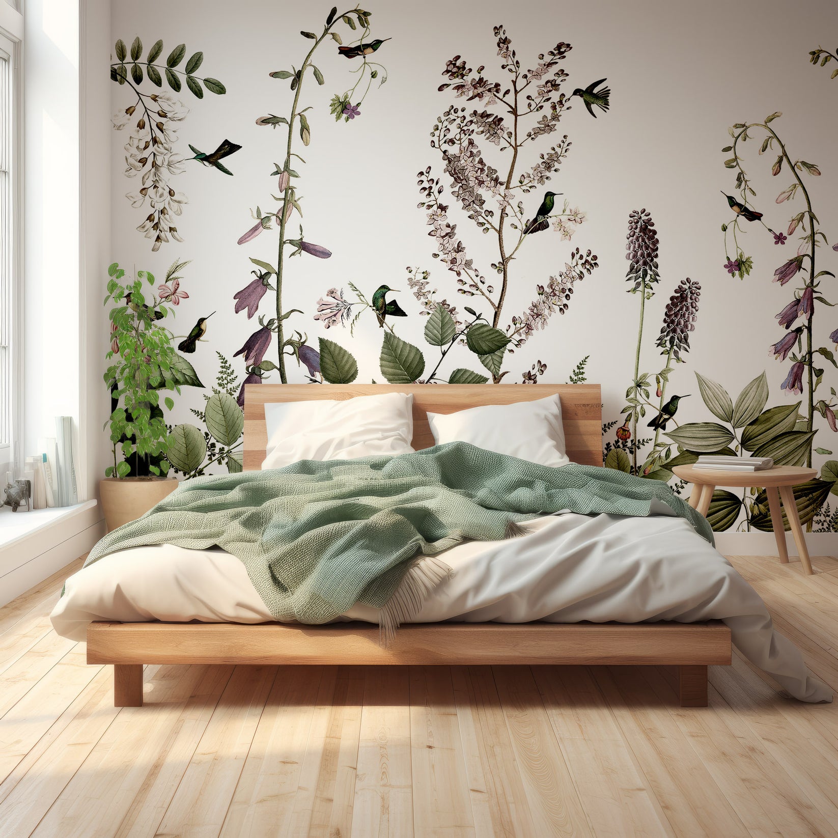 Papier peint à plantes florales de jardin secret dans une chambre avec un excellent éclairage avec des lits queen-size verts et du parquet