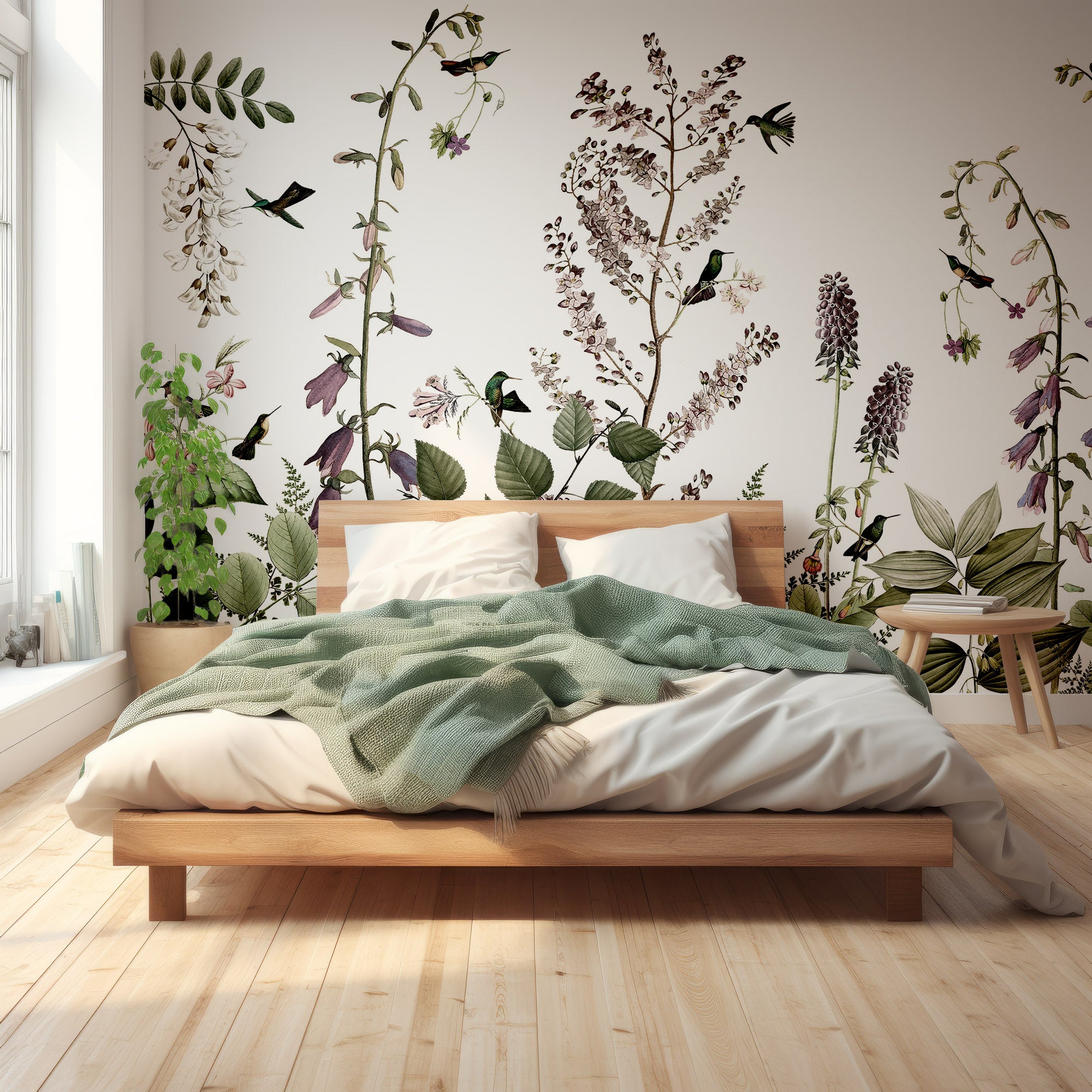 Wall Mural - Hummingbirds and Flowers Watercolour Illustration - Removable Wallpaper (Peel & Stick) - Made to Measure