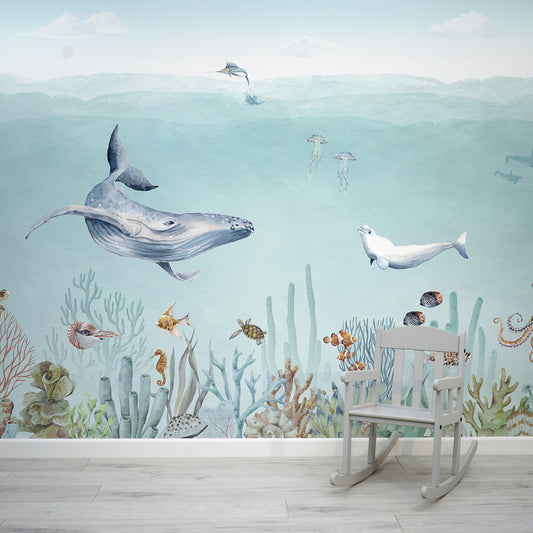 Secret Sealife Wallpaper Mural In Room With Small Grey Kids Chair