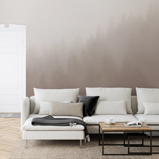 Sepia Serenity Heights wallpaper in living room with white long sofa with black cushions and wooden coffee table