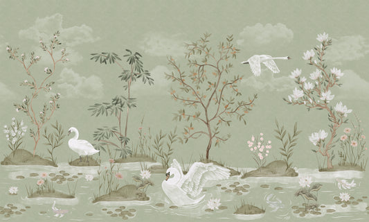 A decorative landscape-style illustration with white swans in shallow water, flowering plants, trees, rocks, and a pale green sky.