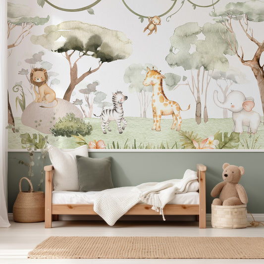 Serengeti Friends Wallpaper In Child's Bedroom With Small Wooden Bed And White And Green Bedding With Half Wallpapered Wall And Half Painted Green Wall