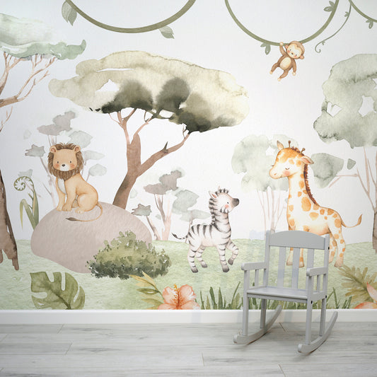 Serengeti Friends Baby Safari Animals Nursery Wallpaperwith Baby Chair