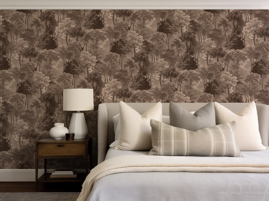 Bedroom with forest-themed wallpaper, bed, and nightstand.