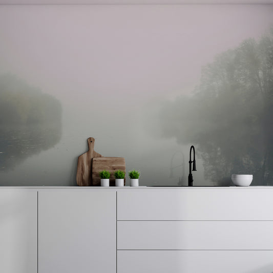 Silent River Haze wallpaper in kitchen placed above counter worktop with black tap wooden chopping boards and smlla little green plants