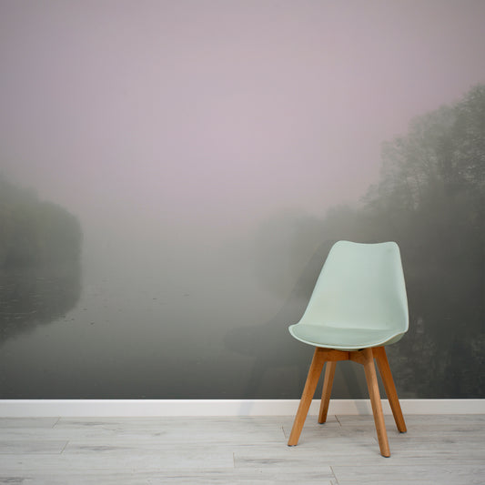 Silent River Haze wallpaper in living room with pastel green chair in front of the wallpaper