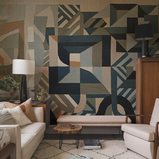 Living room with geometric patterned wall, sofa, and coffee table.