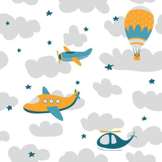 Sky Adventures Airplanes and Clouds Kid's Pattern Wallpaper Mural Full Pattern