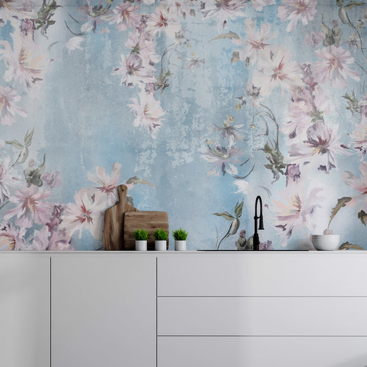 Skye Wallpaper In Kitchen With White Worktops