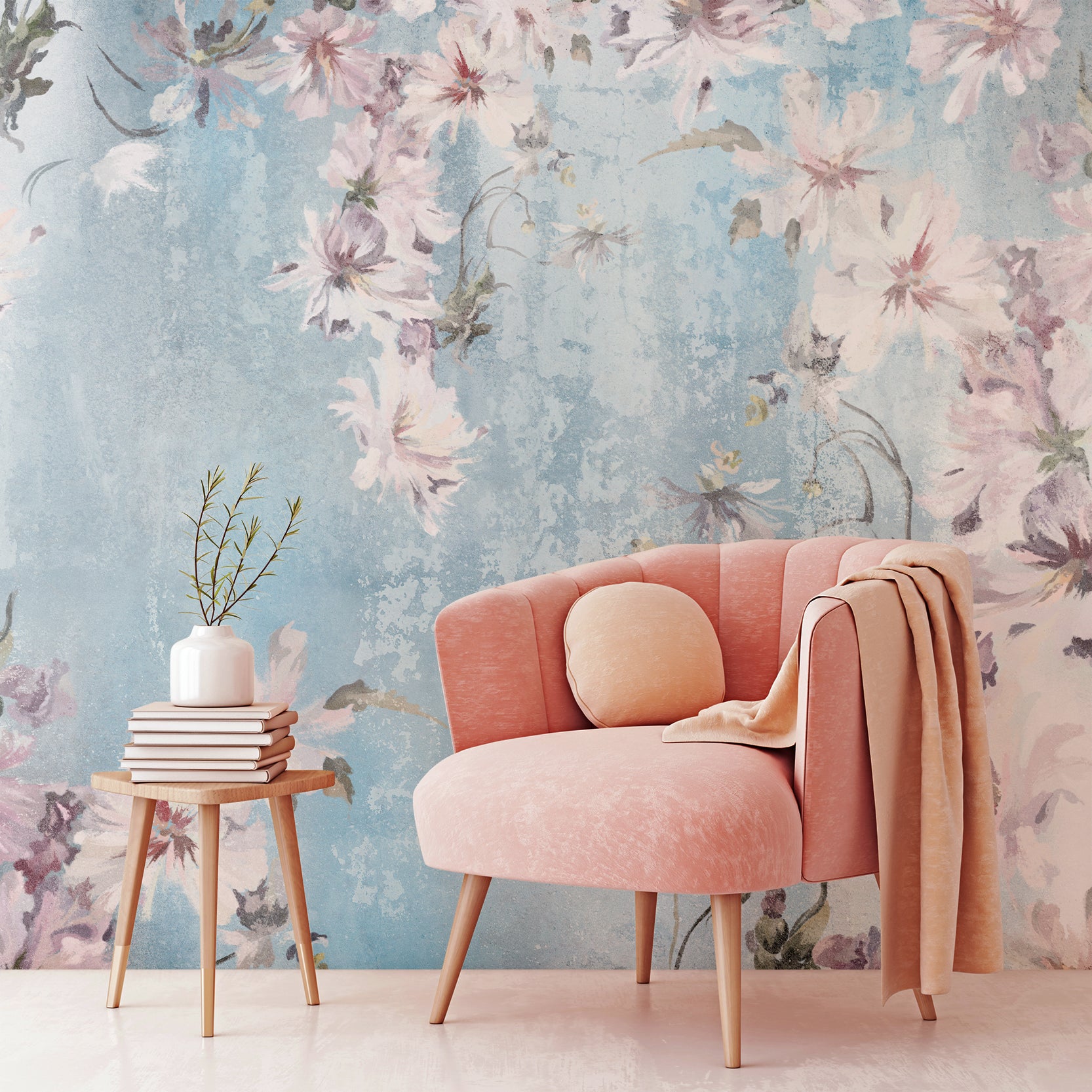 Wall Mural - Blue and Pink Watercolour Flowers - Traditional Wallpaper (Paste-the-Wall) - Made to Measure