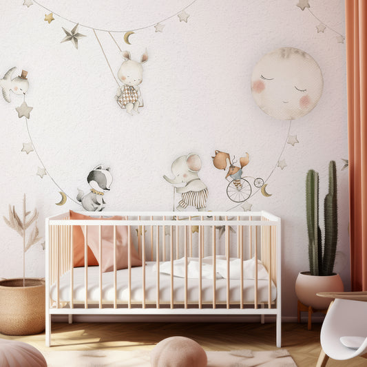 Sleeping Moon Wallpaper In Child's Bedroom With Peach Pillows And Beige Plants