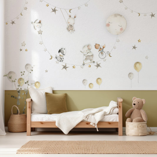 Sleeping Moon Wallpaper In Child's Bedroom With Small Wooden Bed And White And Green Bedding With Half Wallpapered Wall And Half Painted Green Wall