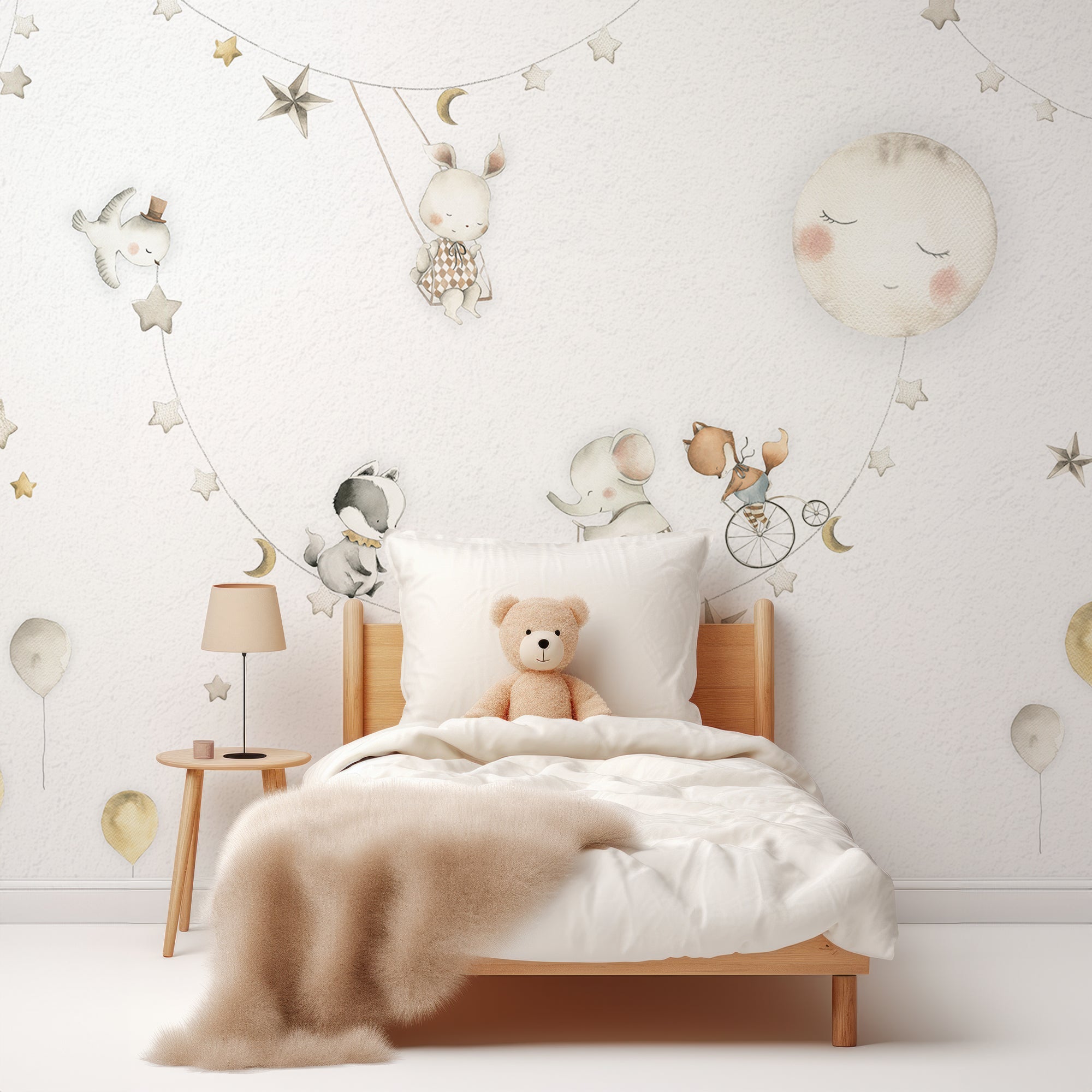 Wall Mural - Cute White Nursery Animals, Stars and Moon - Removable Wallpaper (Peel & Stick) - Made to Measure
