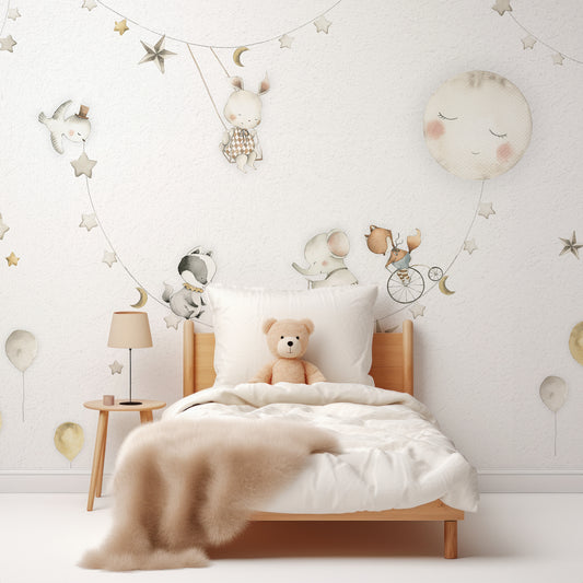Sleeping Moon Wallpaper In Children's Bedroom With White Bed And Fluffy Beige Blanket With Teddy Bear In The Bed