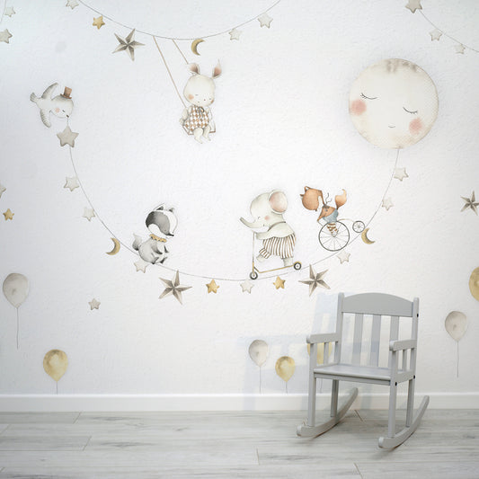 Sleeping Moon Wallpaper In Room With Grey Rocking Chair