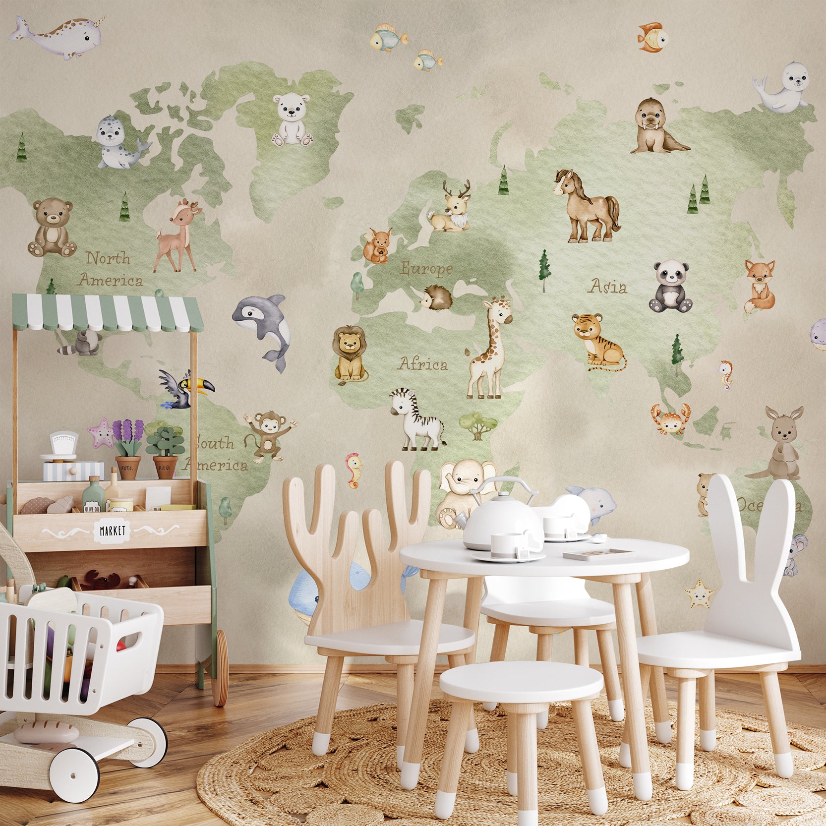 Wall Mural - Cute Watercolour Children's Map - Removable Wallpaper (Peel & Stick) - Made to Measure