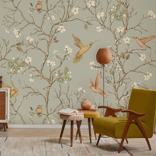 Songbird Serenade Wallpaper In Livingroom with Yellow Wooden Chair with Wooden Lampshade and wooden stool with book on top of it
