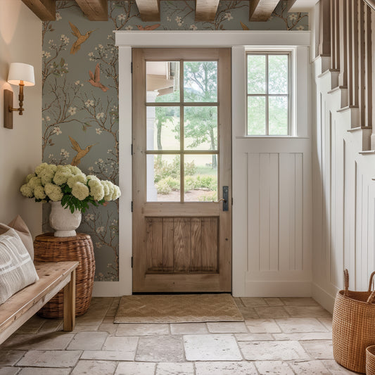 Songbird Serenade in hallway with wooden door and stairs