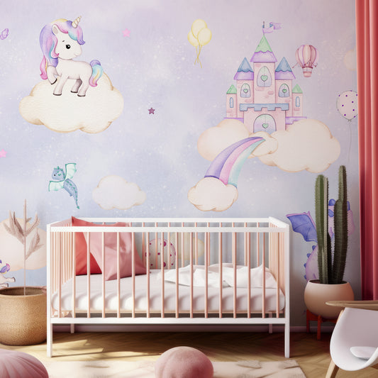 Sparkle Skies Wallpaper In Child's Bedroom With Peach Pillows And Beige Plants