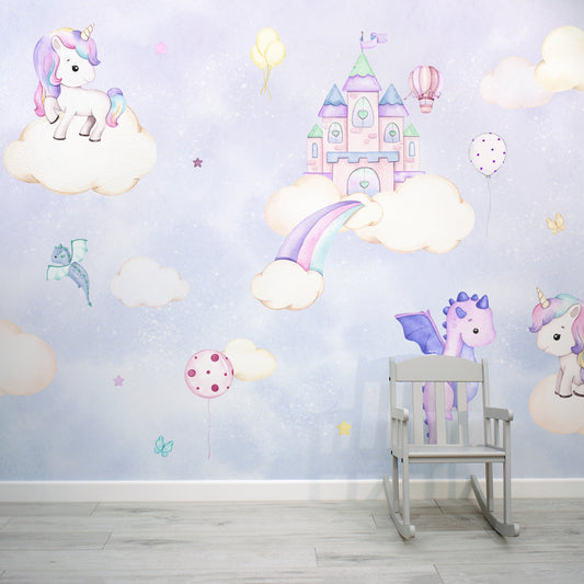 Sparkle Skies Magical Unicorn Pastel Illustration Wallpaper Mural with Baby Chair