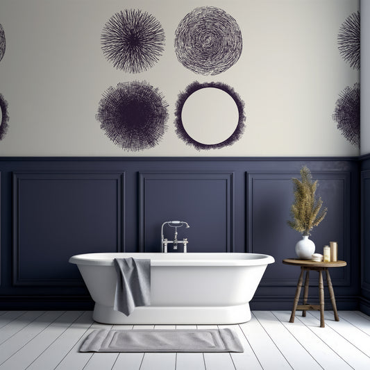 Sphere Wallpaper In Bathroom With Half Navy Panelled Wall and White Wall As Well As Bathtub
