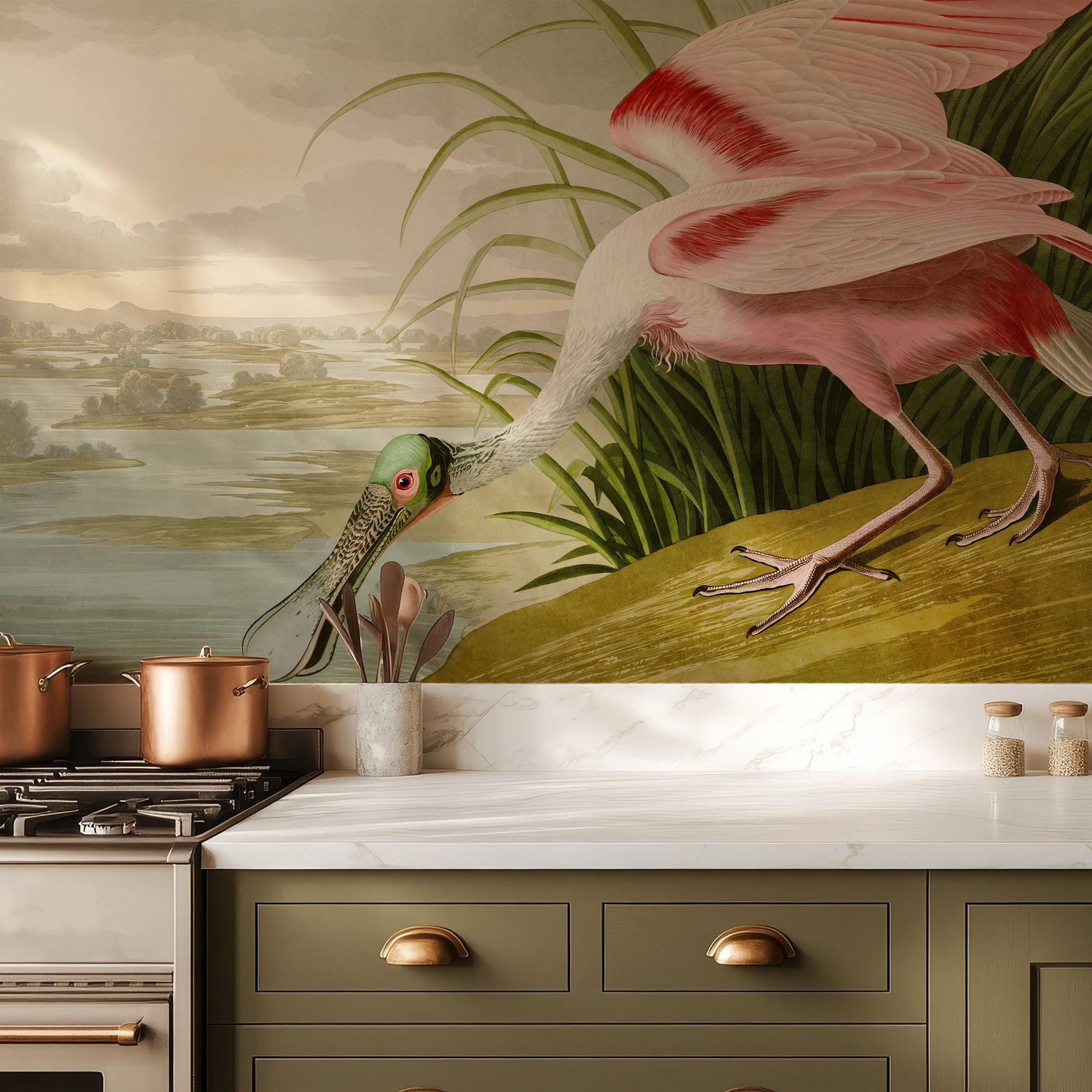 Wall Mural - Vintage Pink Bird Spoonbill - Traditional Wallpaper (Paste-the-Wall) - Made to Measure
