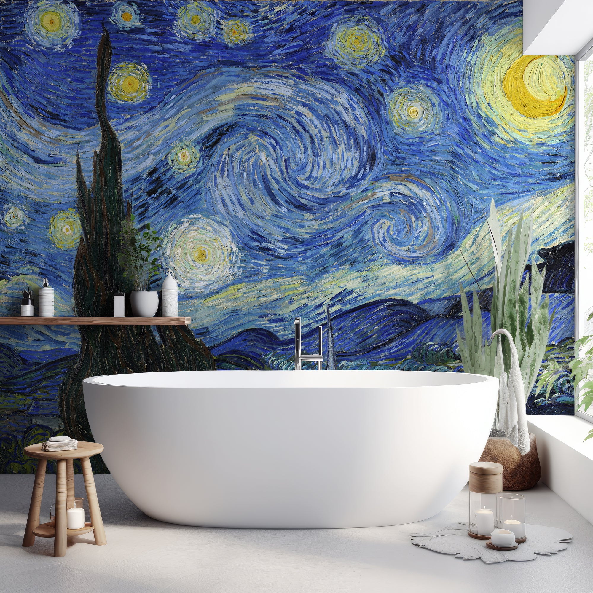 Wall Mural - Swirling Oil Painting of Stars Above A Small Village - Removable Vinyl (Peel & Stick) - Made to Measure
