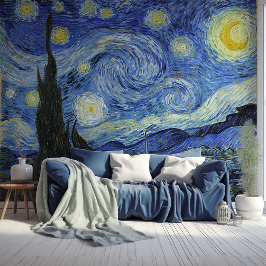 Starry Night By Van Gogh Wallpaper In Living Room With Wooden Floor, Windows, Plants And Large Blue Sofa With Green Blankets And Grey Cushions