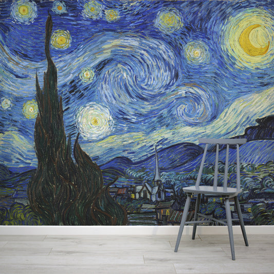 Starry Night By Van Gogh Wallpaper In Room With Blue Chair