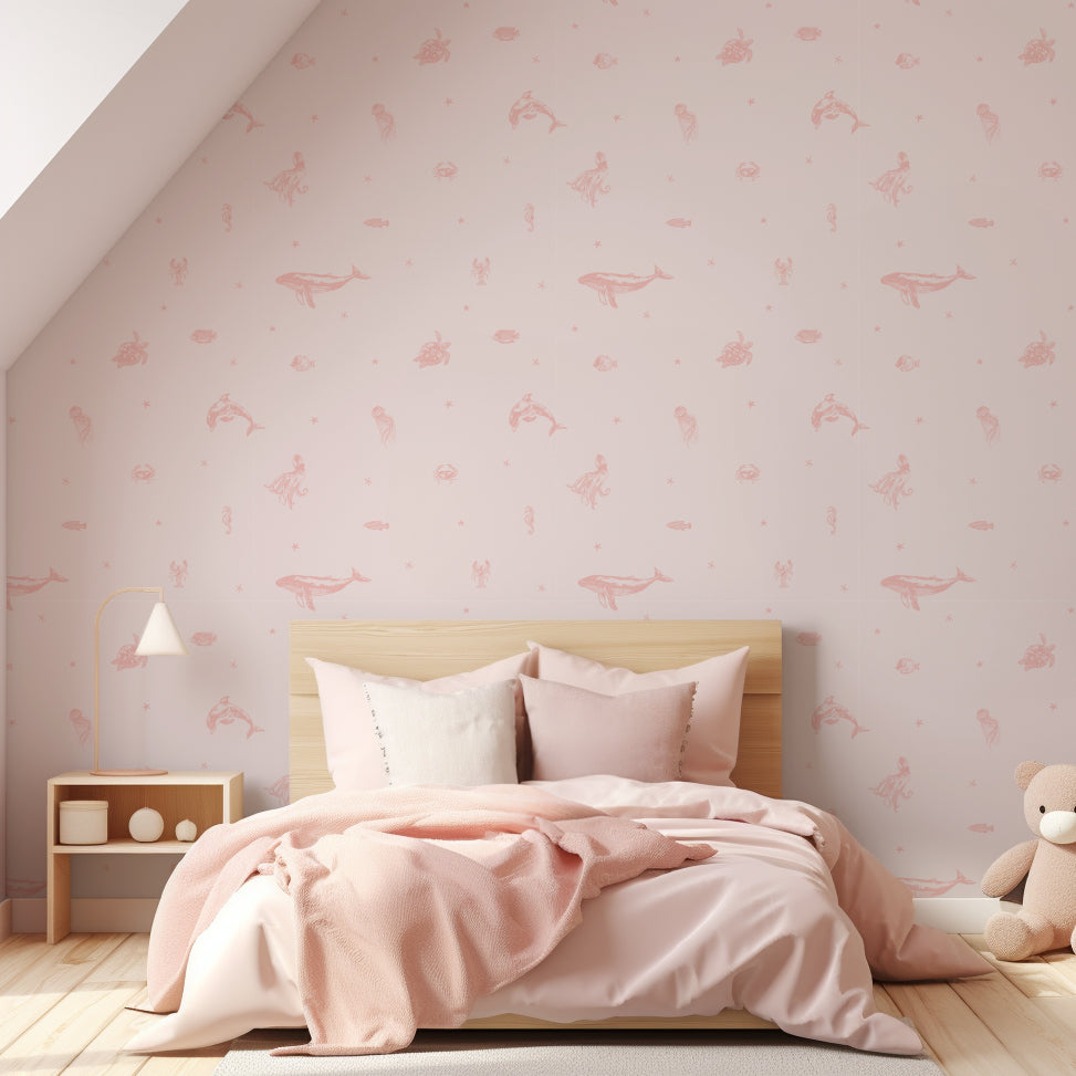 Wall Mural - Pink Sea Animals and Starfish Pattern Wallpaper - Removable Wallpaper (Peel & Stick) - Made to Measure