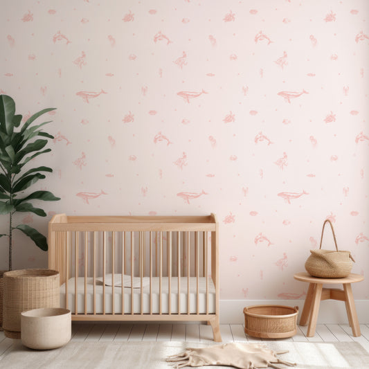Starry Sea Life Coral In Nursery With Wooden Crib And Green Plant