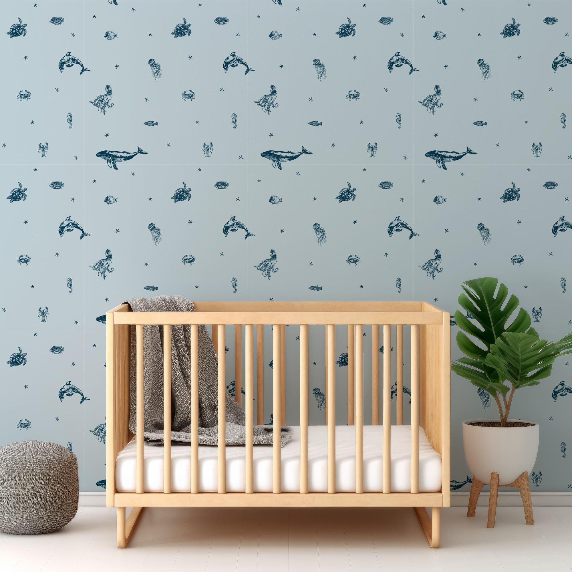Wall Mural - Blue and Navy Sea Animals and Starfish Pattern Wallpaper - Removable Wallpaper (Peel & Stick) - Made to Measure