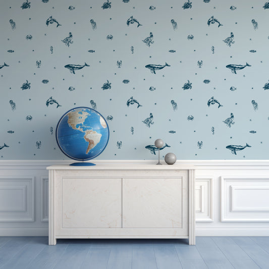 Starry Sea Life Ocean In Room With Wooden Cabinet And World Globe