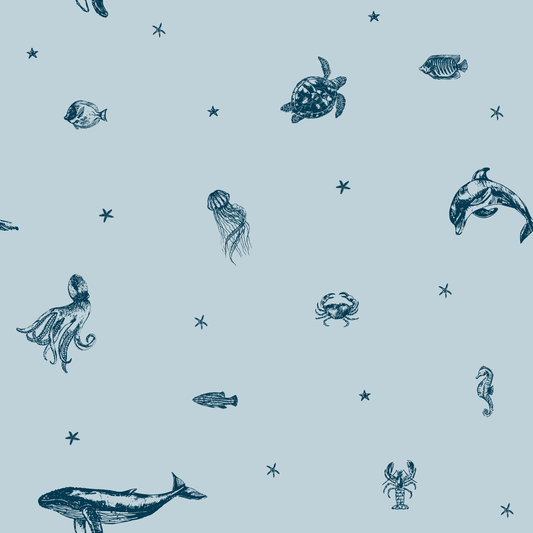 Starry Sea Life Ocean Blue and Navy Sea Animals and Starfish Full Pattern