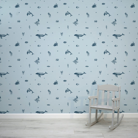 Starry Sea Life Ocean Blue and Navy Sea Animals and Starfish Pattern with Baby Chair
