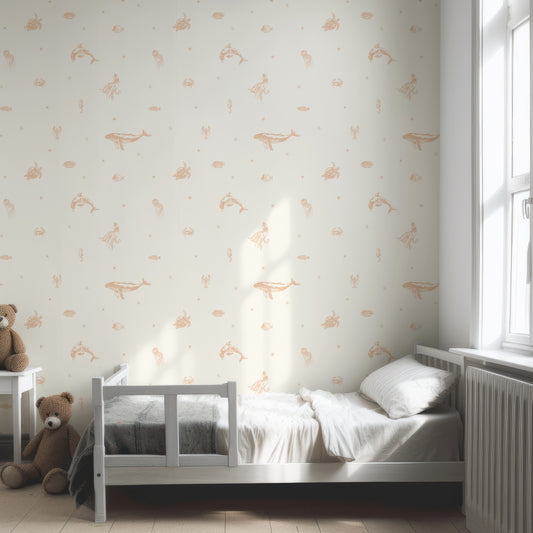 Starry Sea Life Sand In Child's Bedroom With Grey Bed And Two Brown Teddy Bears