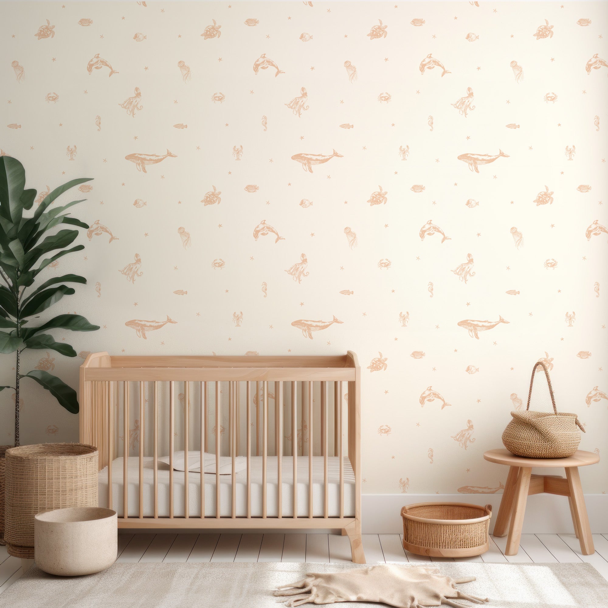 Wall Mural - Gold and Cream Sea Animals and Starfish Pattern Wallpaper - Removable Wallpaper (Peel & Stick) - Made to Measure