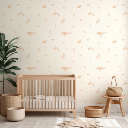 Starry Sea Life Sand In Nursery With Wooden Crib And Green Plant And Wooden Stools