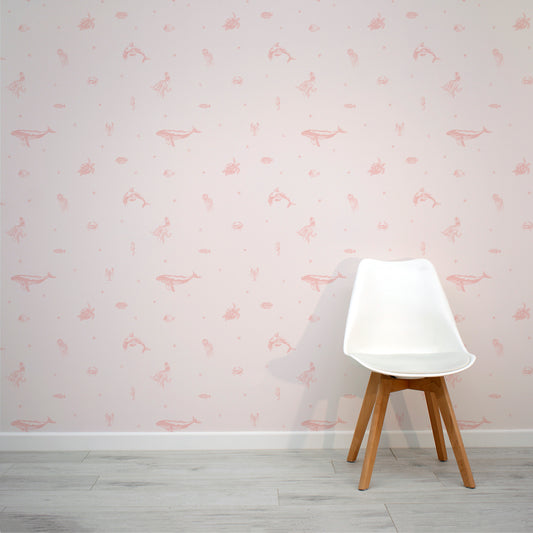 Starry Sea Life Coral Pink Sea Animals and Starfish Pattern with White Chair