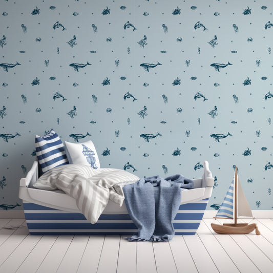 Starry Sea Life Ocean In Children's Room With Pirate Themed Stripy Blue And White Bed