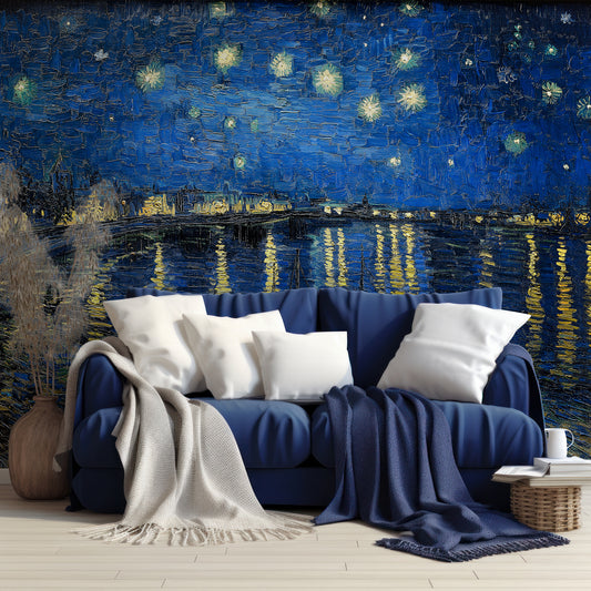 Starry Night Wallpaper By Van Gogh In Living Room With Navy Blue Sofa With White Cushions And Navy Blue Blankets