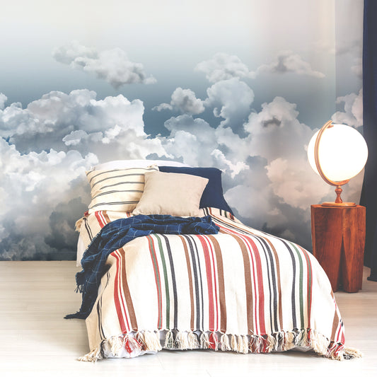 Stormy Skies Wallpaper In Bedroom WIth SIngle Stripy Bed With Globe Lamp