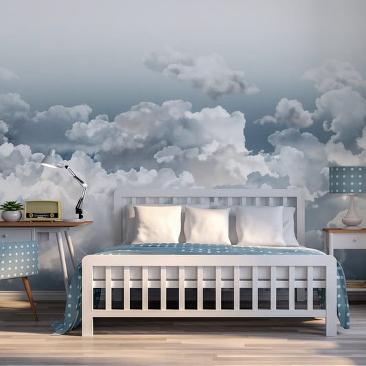 Stormy Skies Wallpaper In Bedroom With Baby Blue Polka Dot Bed