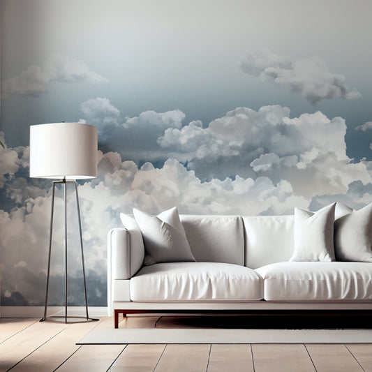 Stormy Skies Wallpaper In Living Room With White Sofa