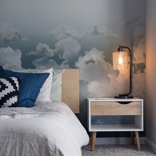 Stormy Skies Wallpaper in Bedroom With Blue Bed and Lampshade