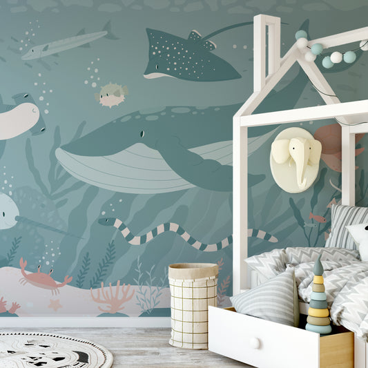 Submerged Fantasia Blush Green wallpaper in child's bedroom with big bed with zigzag grey bedding and elephant shaped clothes hanger