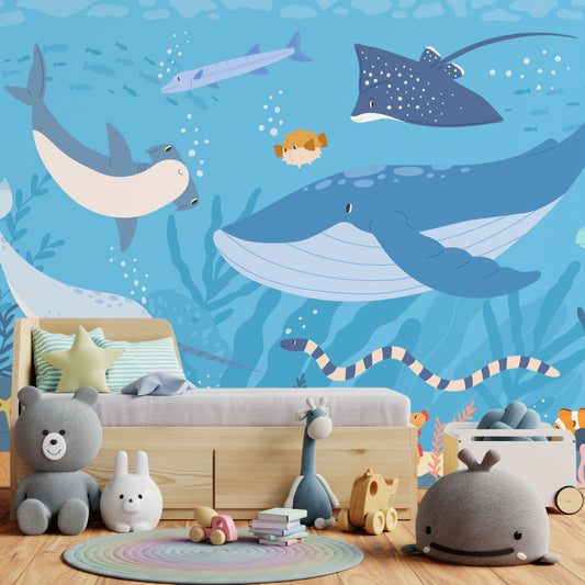 Submerged Fantasia Original wallpaper in children's bedroom with small bed with grey bedding and lots of stuffed toys