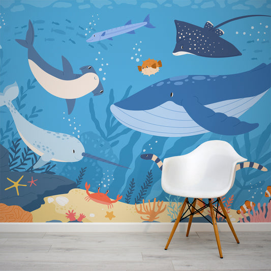 Submerged Fantasia Original wallpaper in living room with white chair in front of wallpaper