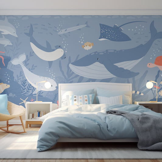 Submerged Fantasia Wallpaper In Boy's Bedroom With Light Blue Bed And Two Lamps Either Side