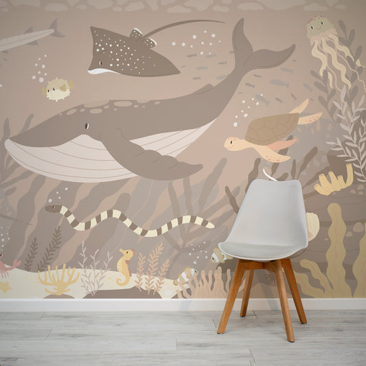 Submerged Fantasia Wallpaper with grey chair in front of the wallpaper
